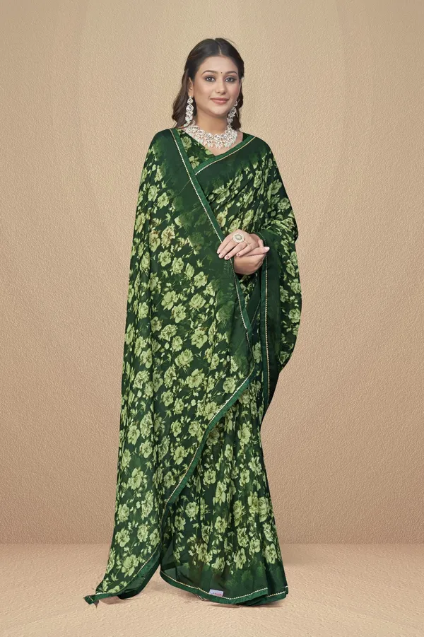 Green_Floral_Print_Georgette_Saree_With_Matching_Blouse