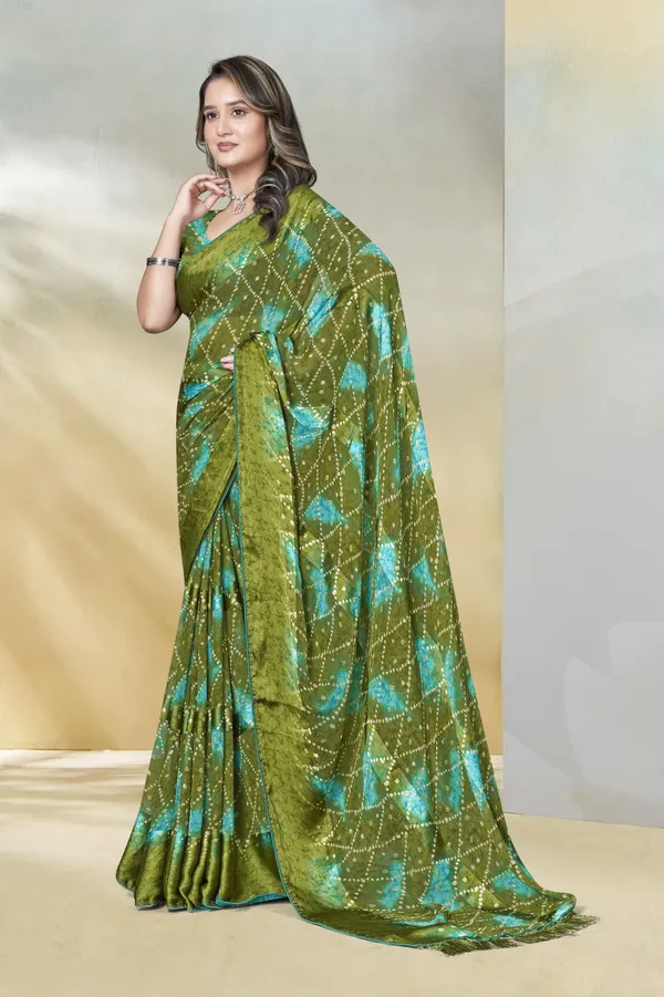 Olive_Green_And_Turquoise_Bandhani_Print_Saree_With_Sequin_Work