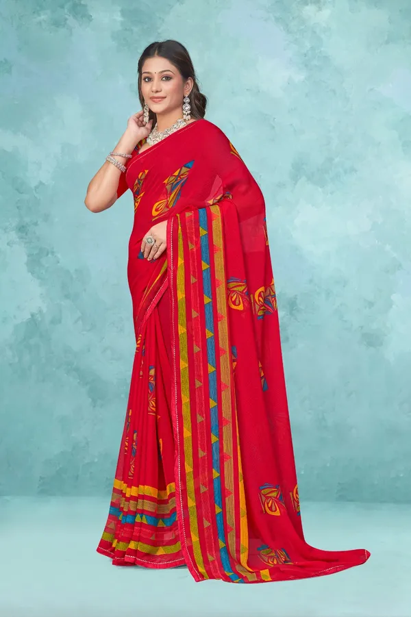 Vibrant_Red_Printed_Saree_With_Colorful_Border_And_Matching_Blouse