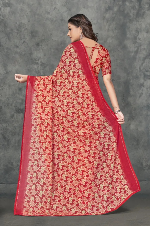 Red_And_Beige_Floral_Print_Saree_With_Blouse