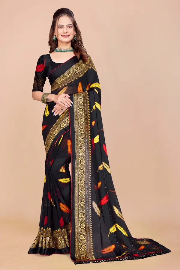 Black_Feather_Print_Saree_With_Golden_Border