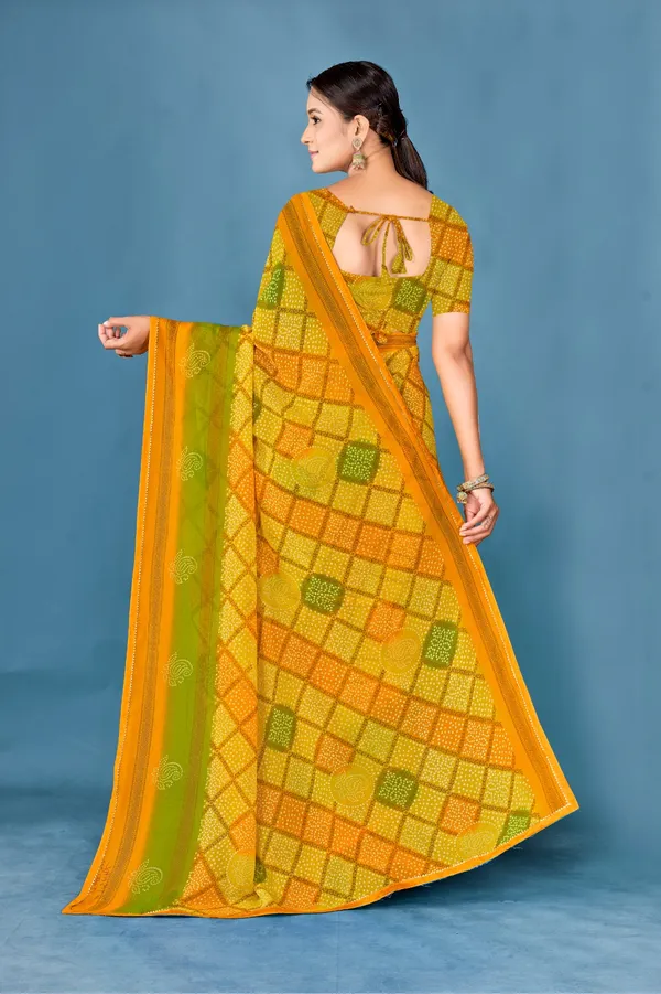 Women_Yellow_And_Green_Checkered_Bandhani_Saree_With_Blouse