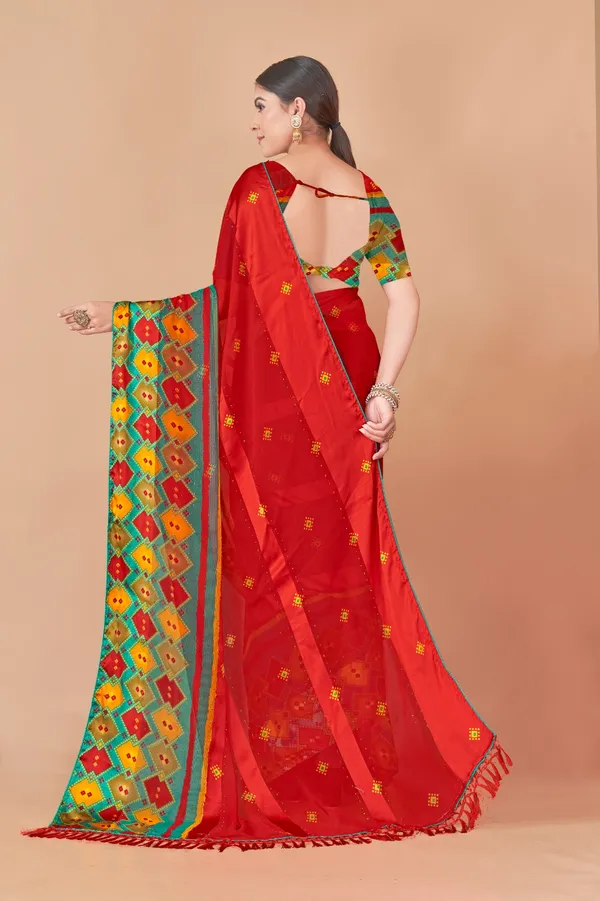 Red_Silk_Saree_With_Multicolor_Phulkari_Border_And_Golden_Butti_Work