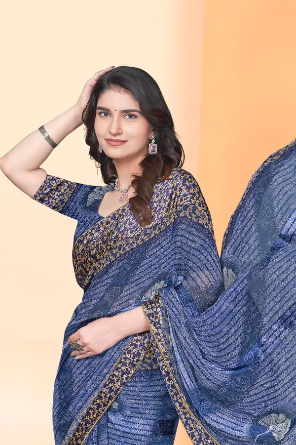 Blue_Georgette_Sequin_Border_Saree_With_Printed_Blouse