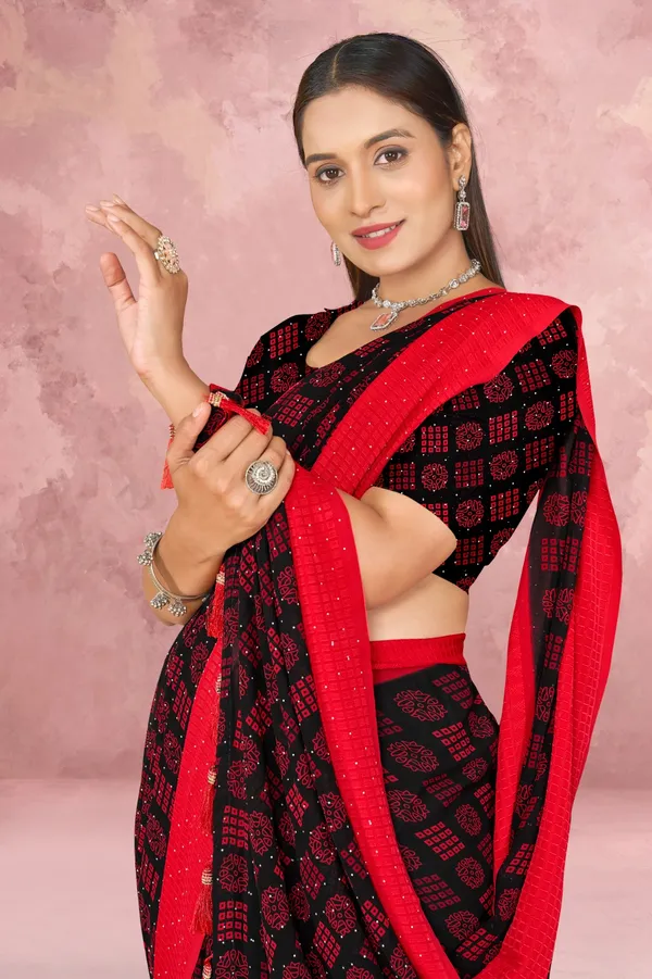 Black_And_Red_Printed_Saree_With_Matching_Blouse