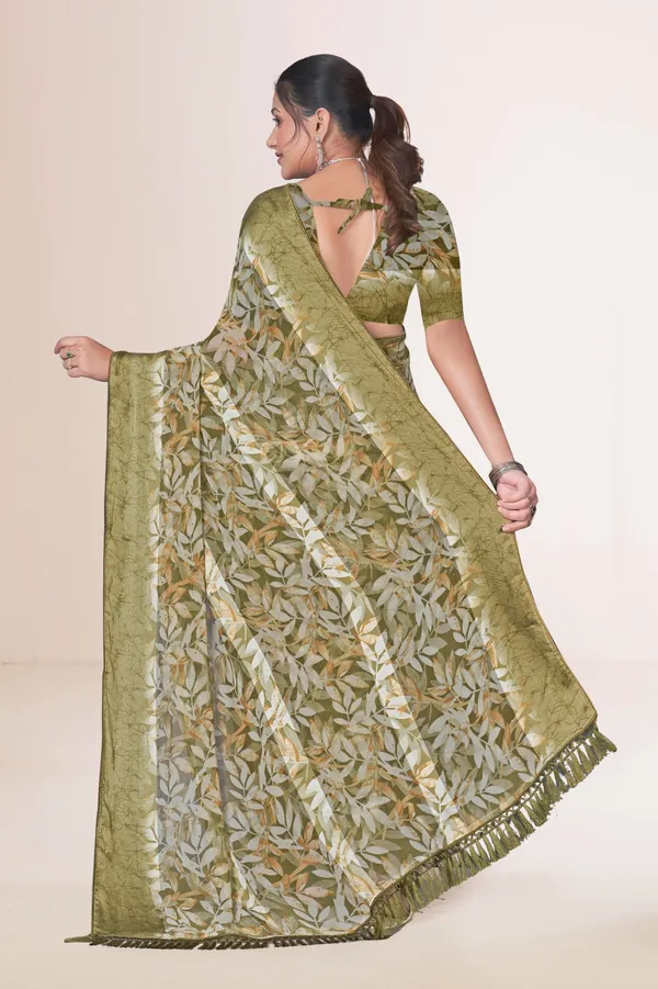 Olive_Green_Floral_Print_Saree_With_Leaf_Pattern_And_Border