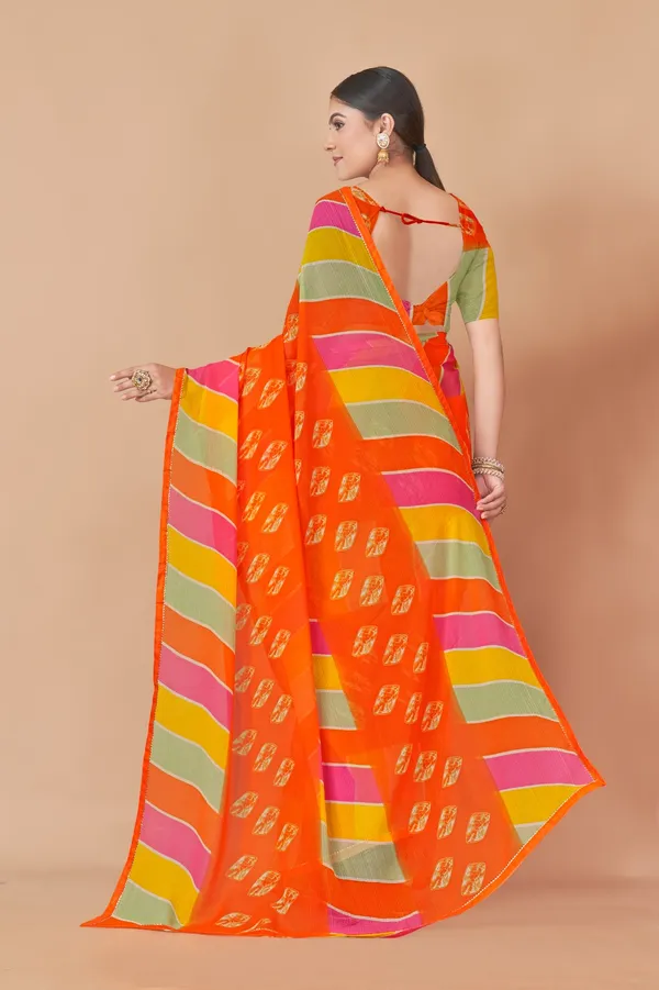 Vibrant_Orange_Leheriya_Print_Saree_With_Multicolor_Striped_Border