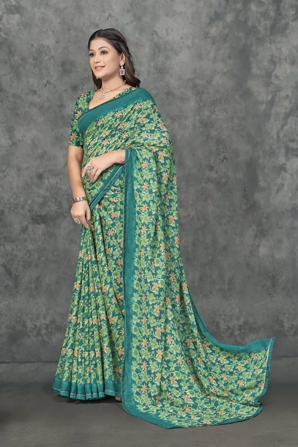 Green_Floral_Print_Georgette_Saree_With_Matching_Blouse