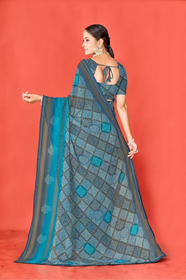 Grey_And_Teal_Bandhani_Print_Saree_With_Blouse