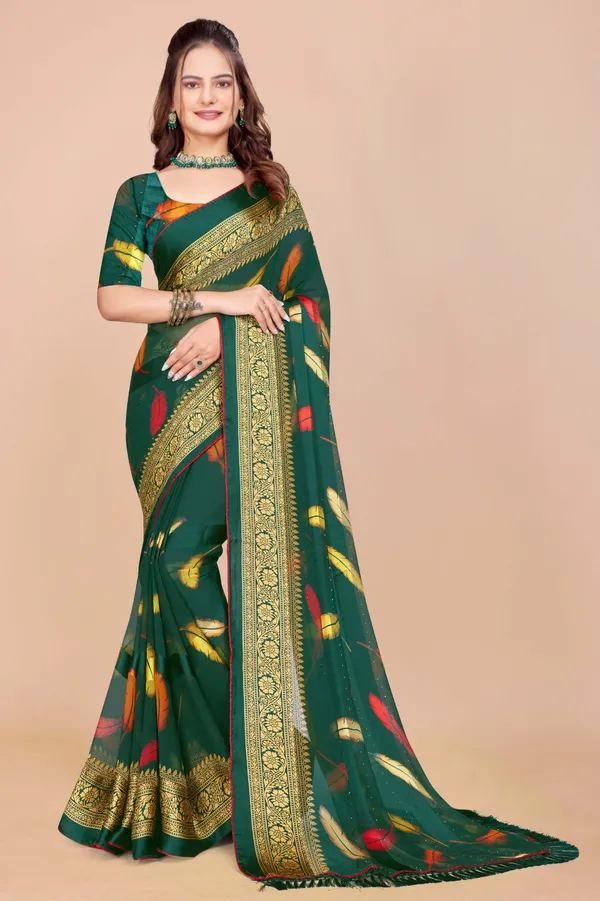 Green_Silk_Saree_With_Golden_Zari_Border_And_Colorful_Ikat_Motifs
