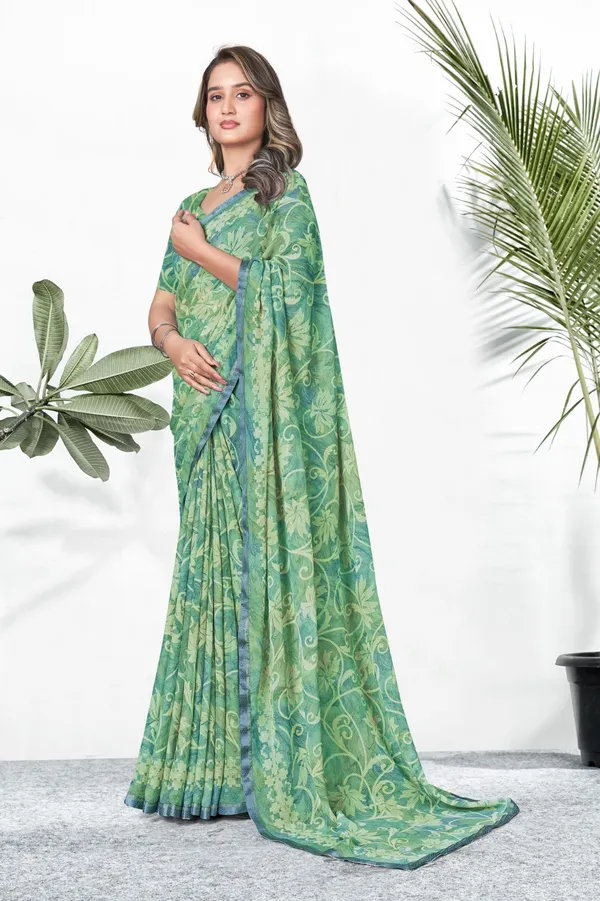 Green_Floral_Printed_Saree_With_Blue_Border