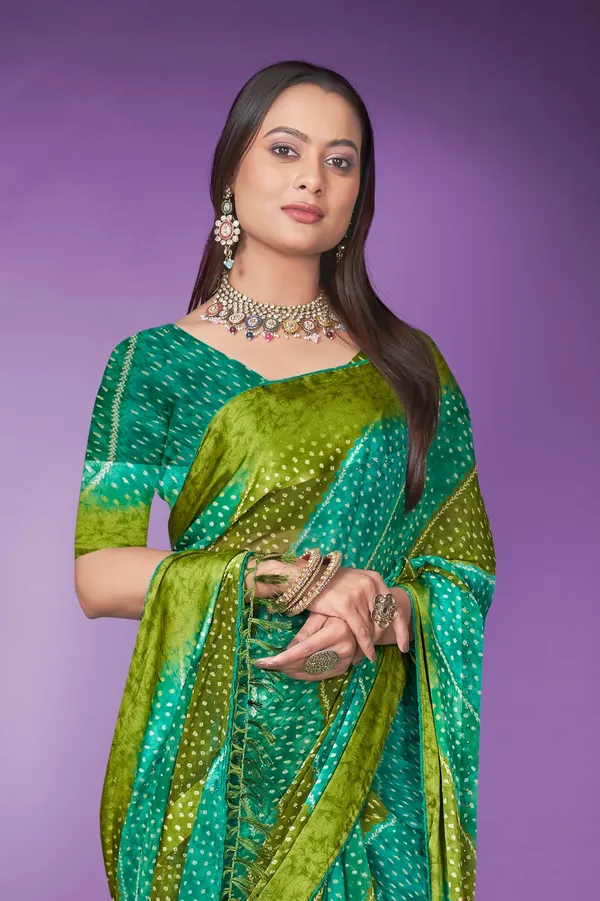 Teal_And_Lime_Green_Bandhani_Silk_Saree_With_Zari_Border