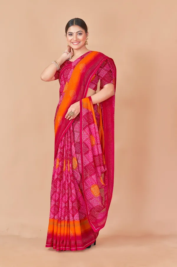 Orange_And_Pink_Bandhani_Print_Saree_With_Blouse