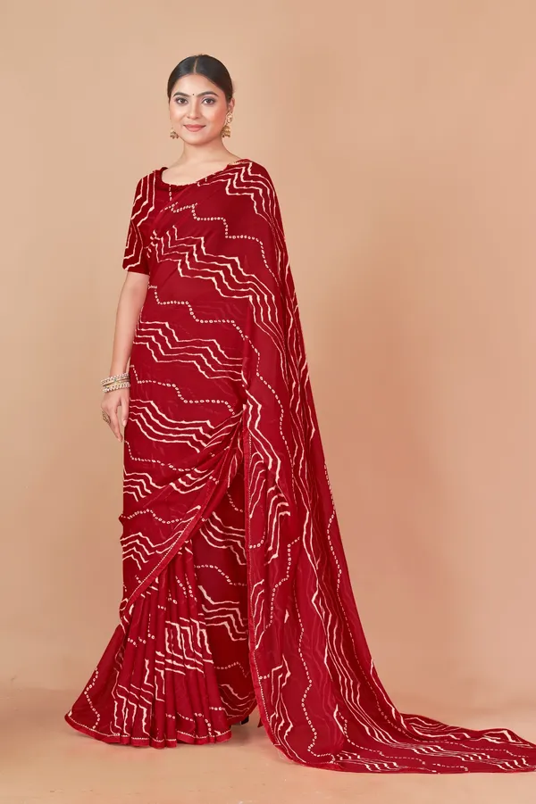 Red_Bandhani_Georgette_Saree_With_Zigzag_Pattern_And_Blouse