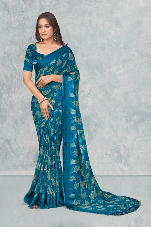 Teal_Blue_Jacquard_Saree_With_Golden_Floral_Weave_And_Tassel_Border