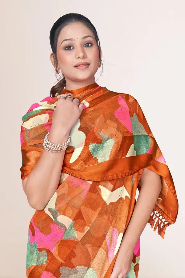 Orange_Camouflage_Print_Silk_Saree_With_Matching_Blouse