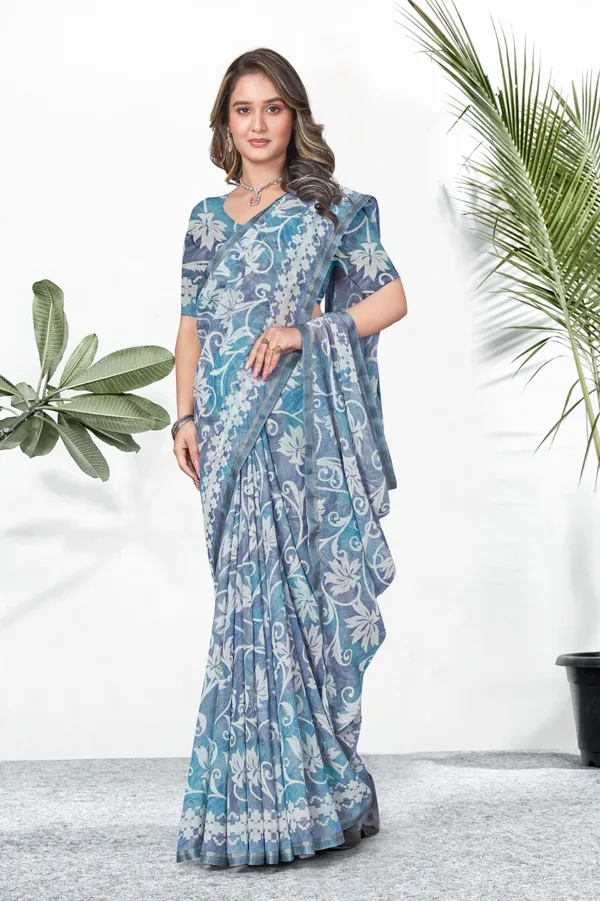 Blue_Floral_Print_Georgette_Saree_With_Embroidered_Border