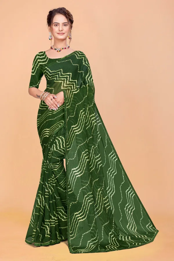 Green_Bandhani_Print_Georgette_Saree_With_Stitched_Blouse