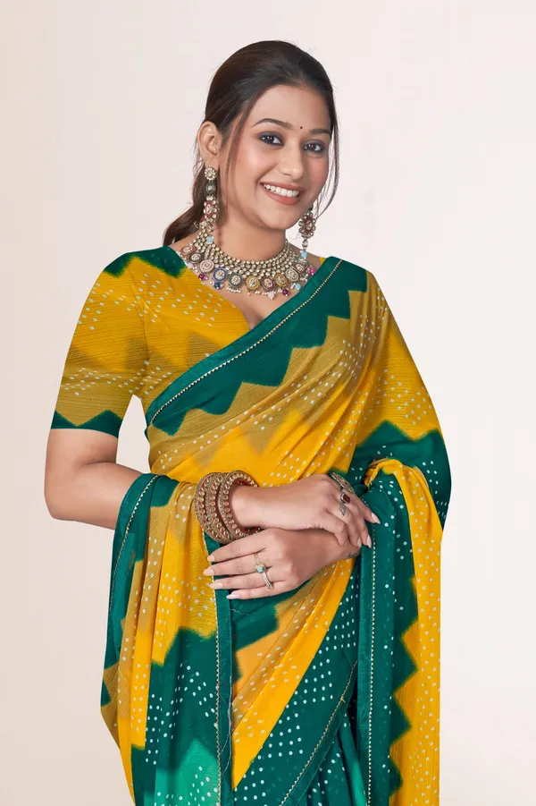 Yellow_And_Green_Bandhani_Saree_With_Blouse