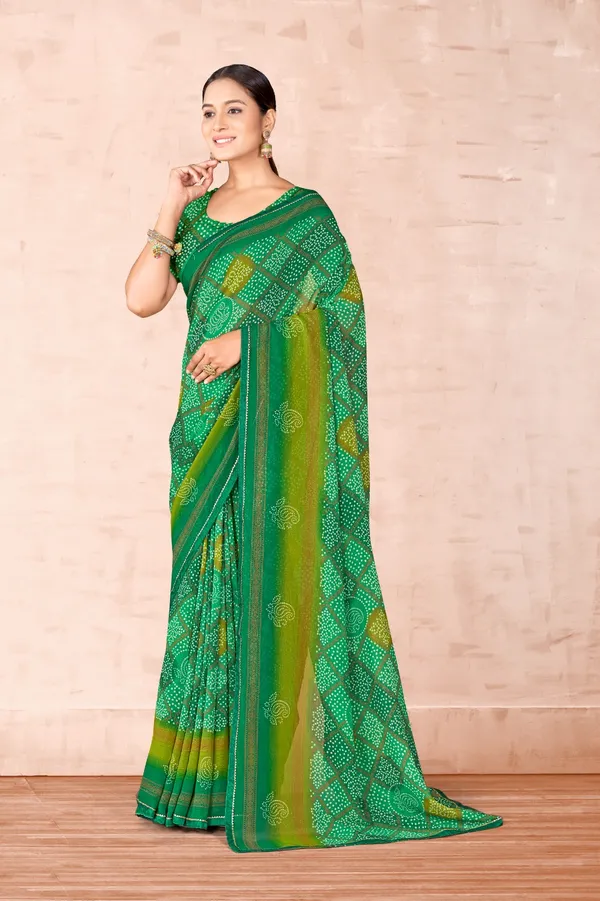 Green_Bandhani_Print_Saree_With_Golden_Accents