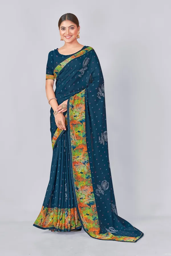 Teal_Blue_Bandhani_Print_Saree_With_Floral_Border