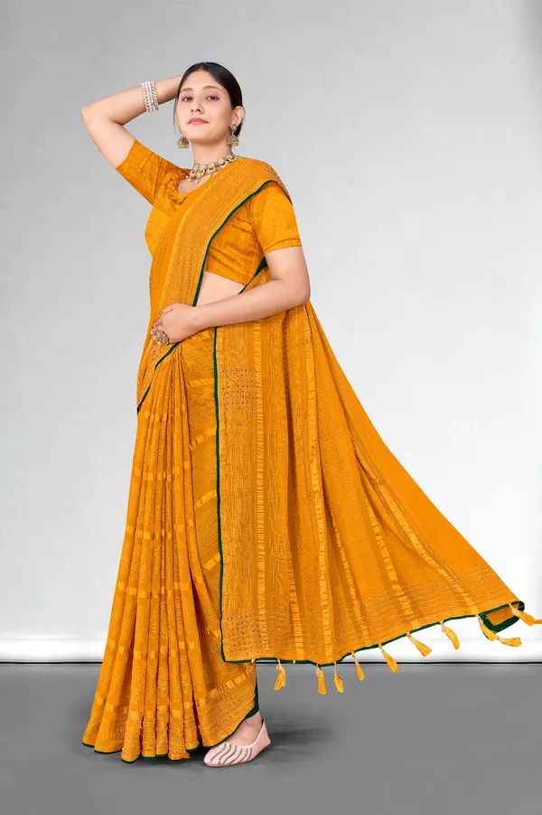 Golden_Yellow_Saree_With_Green_Border_And_Tassels_-_Traditional_Ethnic_Wear