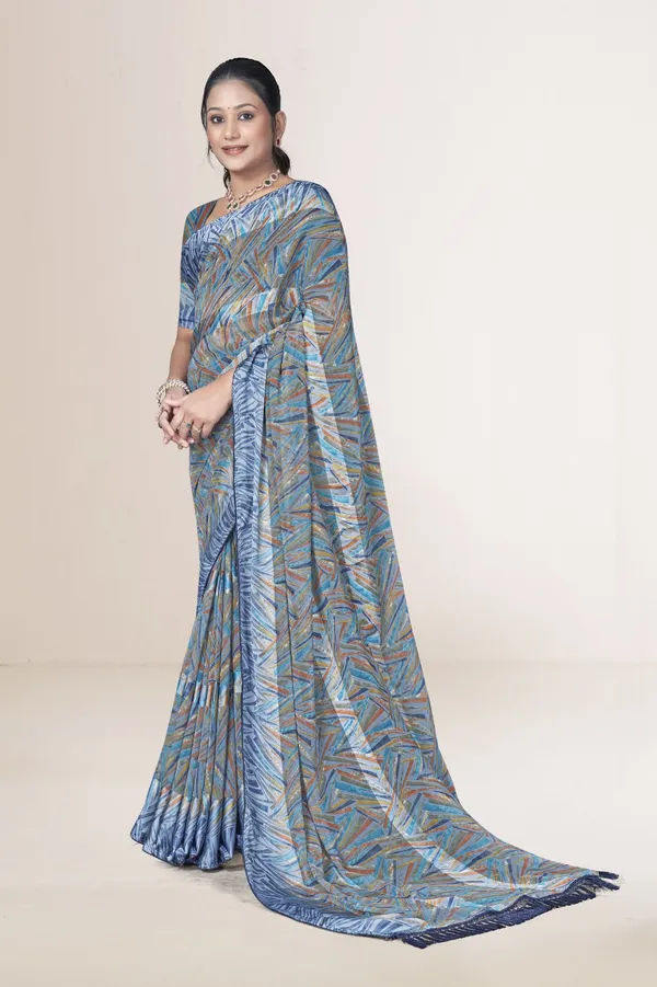 Blue_And_Grey_Printed_Cotton_Blend_Saree_With_Tasseled_Border