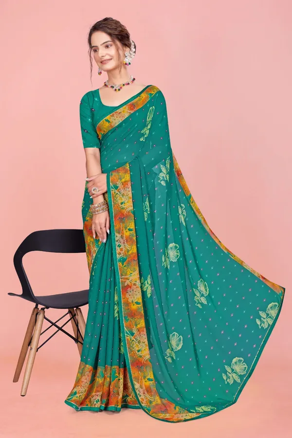 Teal_Green_Georgette_Saree_With_Floral_Border_And_Sequin_Embellishments