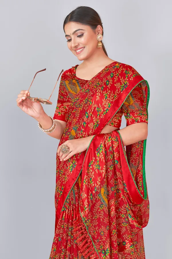 Red_Patola_Print_Saree_With_Green_Border_And_Matching_Blouse