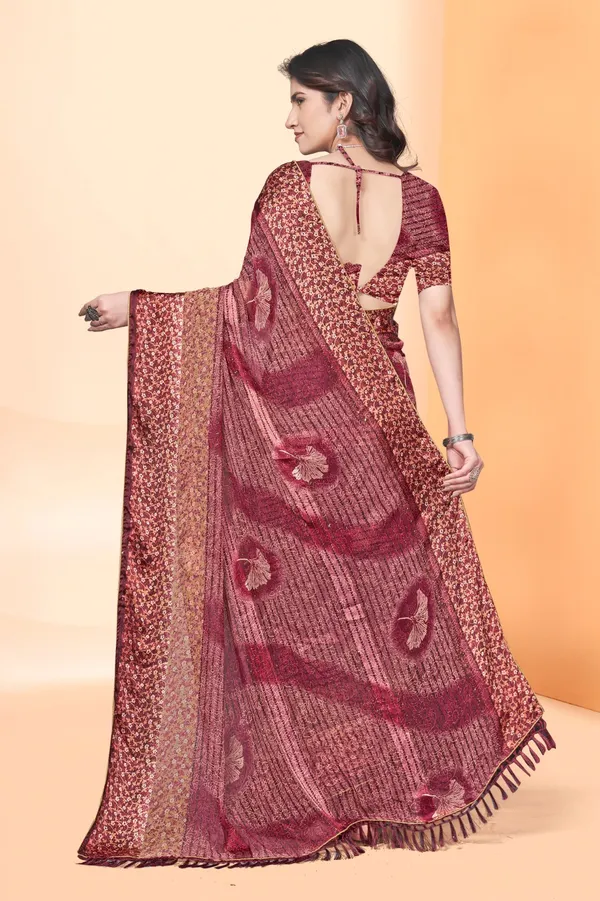 Maroon_Bandhani_Print_Linen_Silk_Saree_With_Matching_Blouse