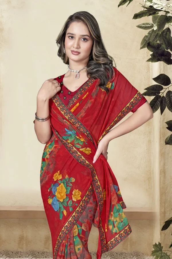 Red_Floral_Printed_Georgette_Saree_With_Embellished_Border