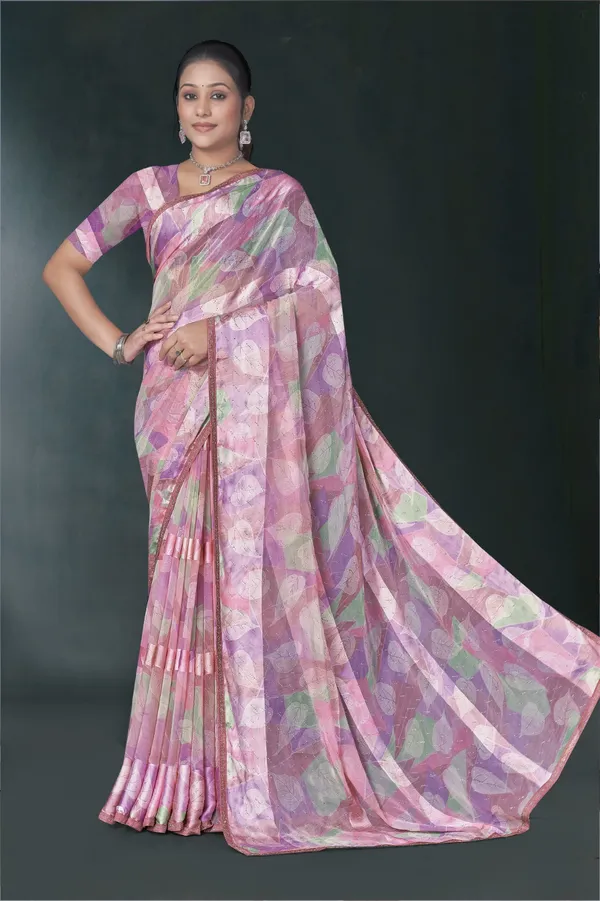 Pink_And_Purple_Floral_Print_Saree_With_Blouse