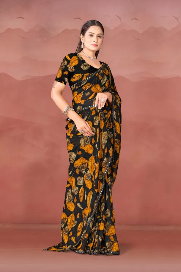 Black_Floral_Print_Saree_With_Mustard_Yellow_Accents