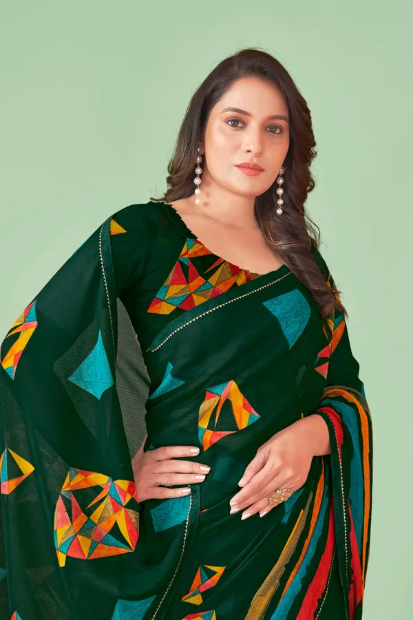 Dark_Green_Geometric_Print_Saree_With_Colorful_Border
