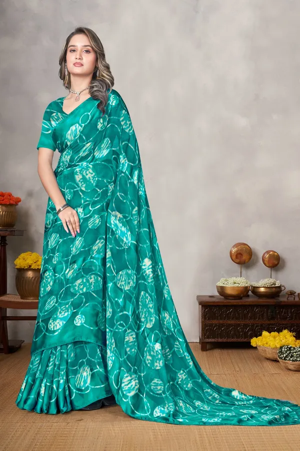 Turquoise_Floral_Print_Saree_With_Blouse_Piece