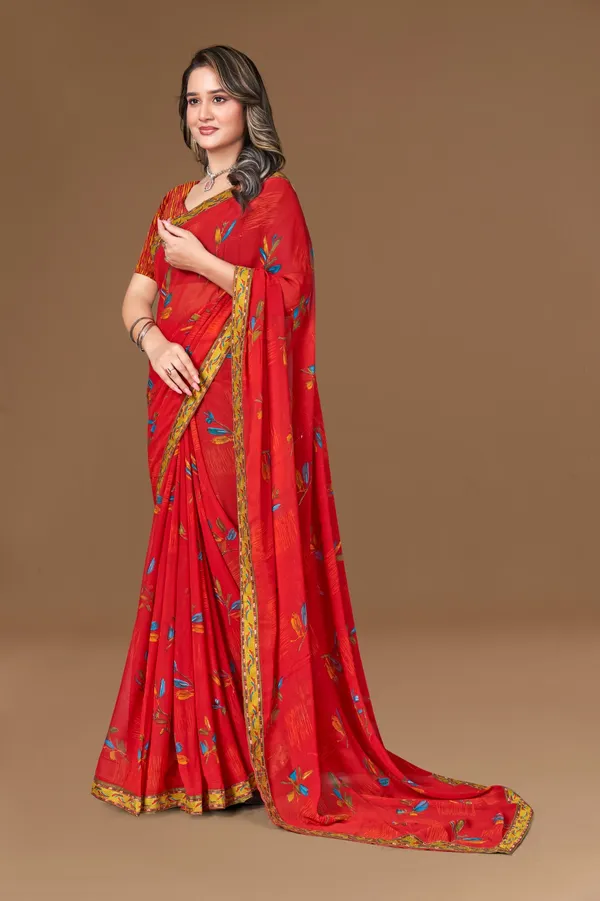 Red_Embroidered_Saree_With_Golden_Border_And_Floral_Motifs