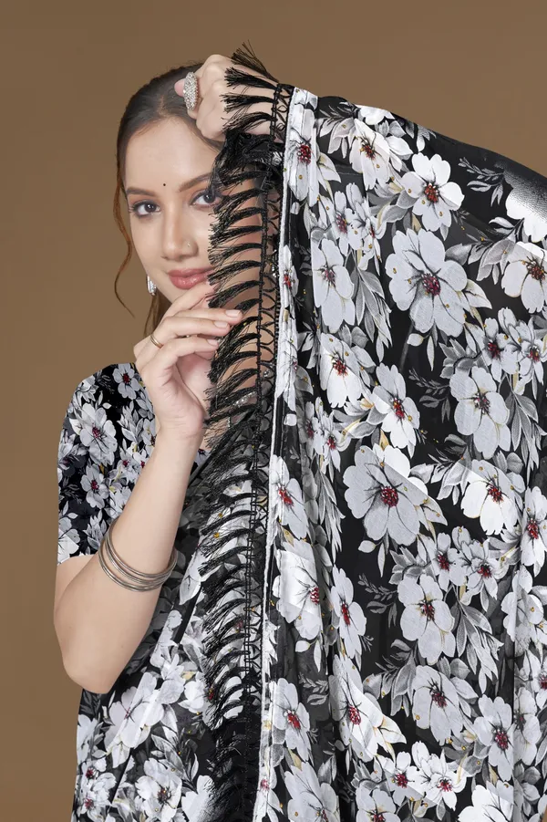 Black_Floral_Print_Ruffle_Saree_With_Satin_Border_And_Matching_Blouse
