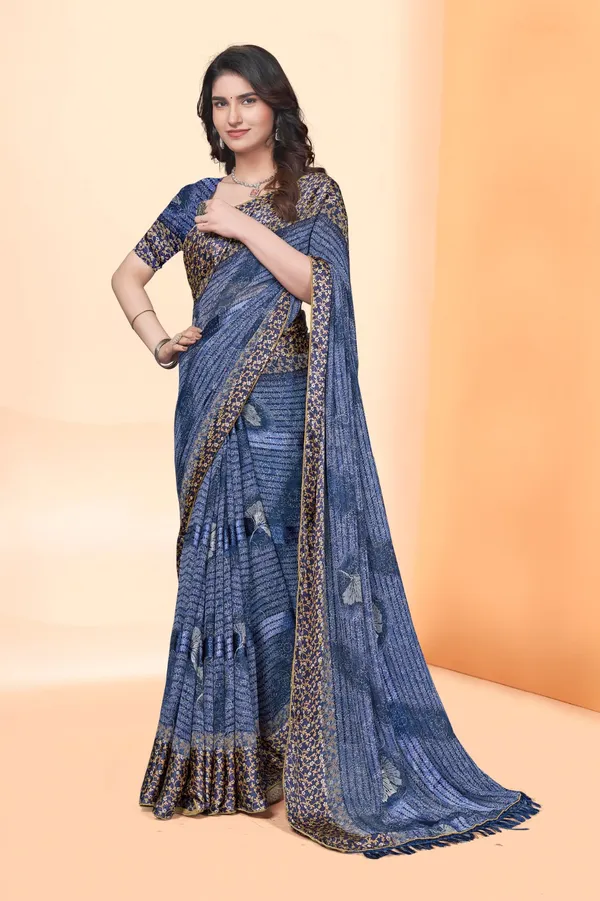 Blue_Georgette_Sequin_Border_Saree_With_Printed_Blouse
