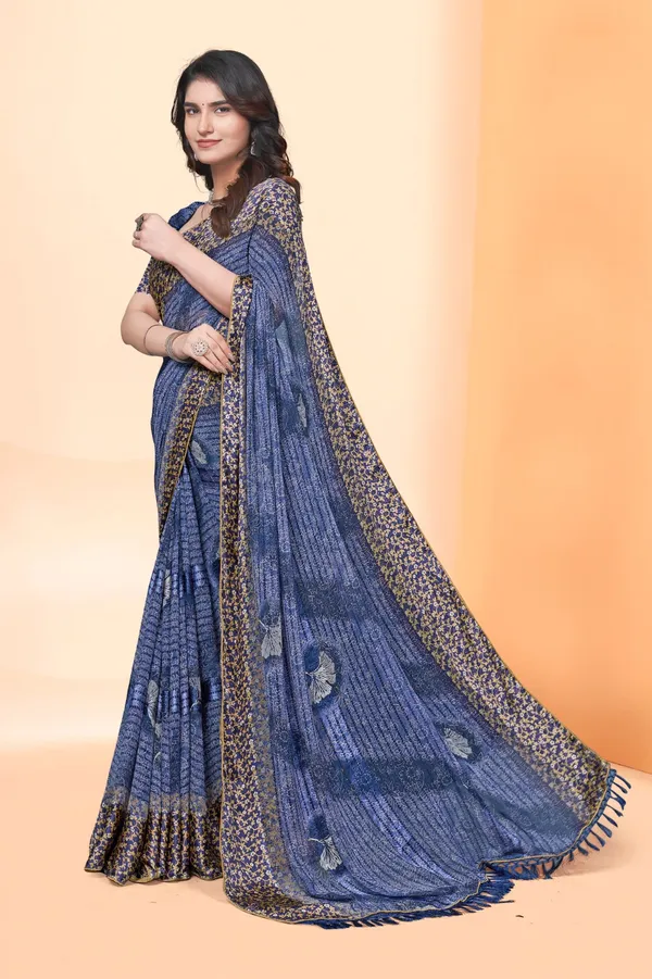 Blue_Georgette_Sequin_Border_Saree_With_Printed_Blouse