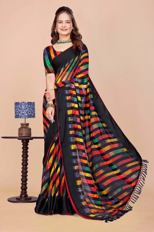 Black_Multicolor_Striped_Satin_Silk_Saree_With_Printed_Border