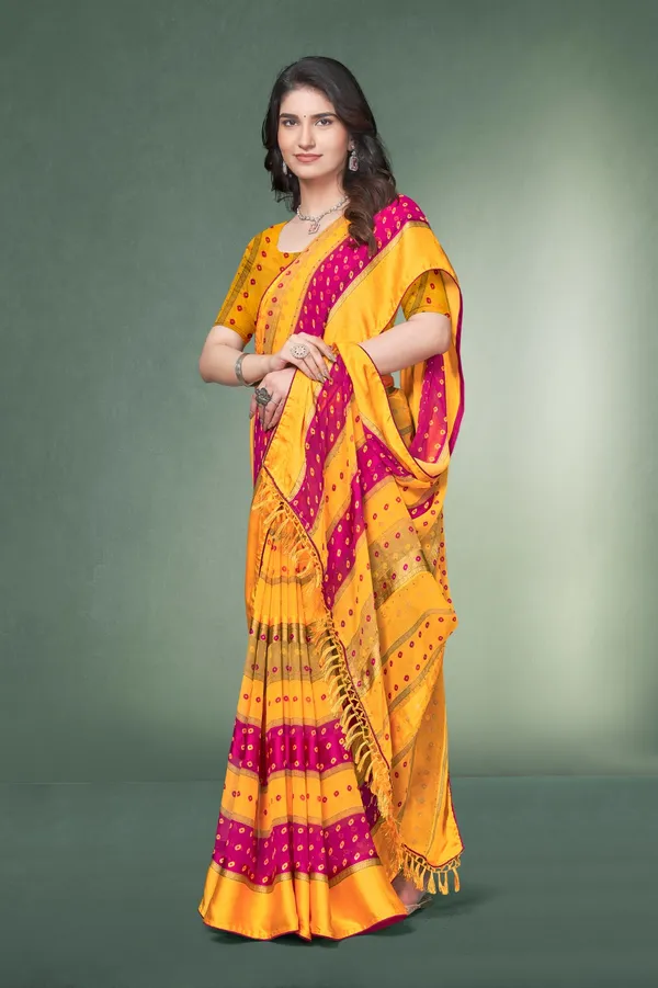 Yellow_And_Pink_Bandhani_Print_Saree_With_Mirror_Work