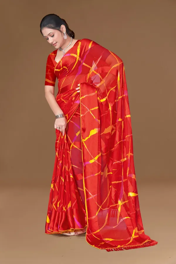 Red_Geometric_Print_Saree_With_Yellow_Accents_And_Tassel_Border