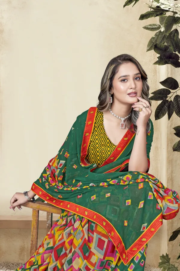 Green_Traditional_Printed_Saree_With_Colorful_Geometric_Pattern_And_Red_Border