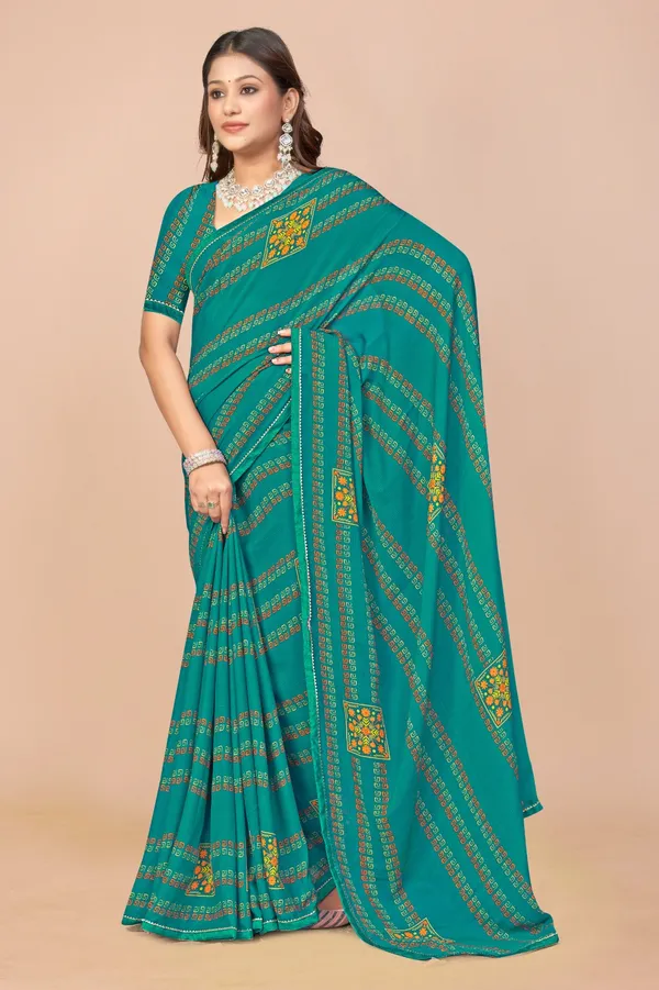 Teal_Green_Bandhani_Print_Saree_With_Floral_Embroidered_Patches