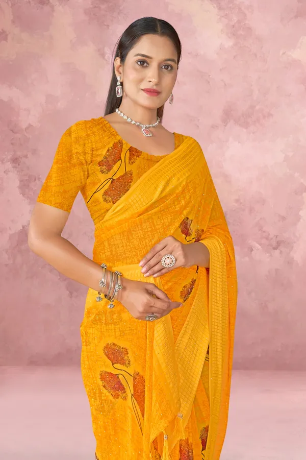 Yellow_Floral_Print_Saree_With_Blouse