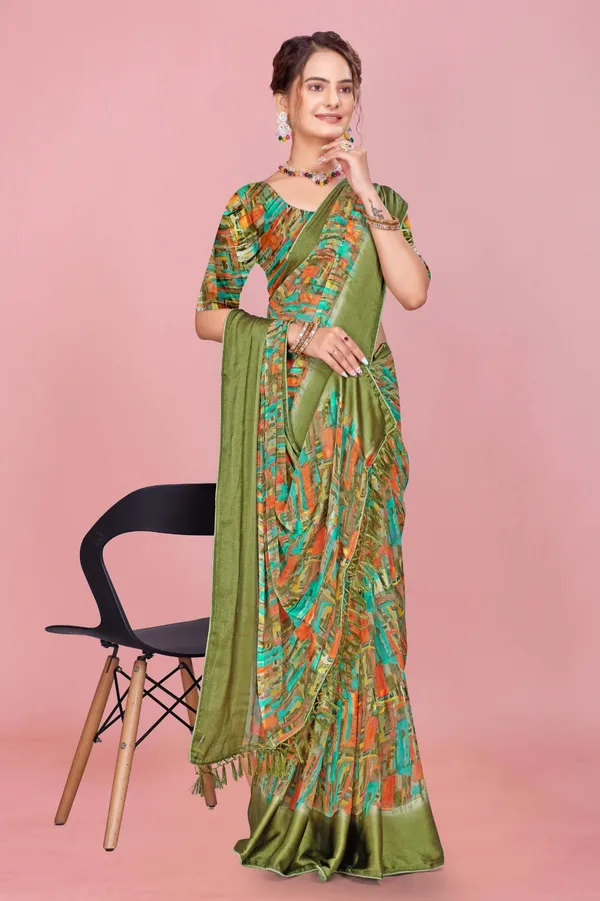 Olive_Green_Printed_Saree_With_Multicolor_Abstract_Print_And_Matching_Blouse