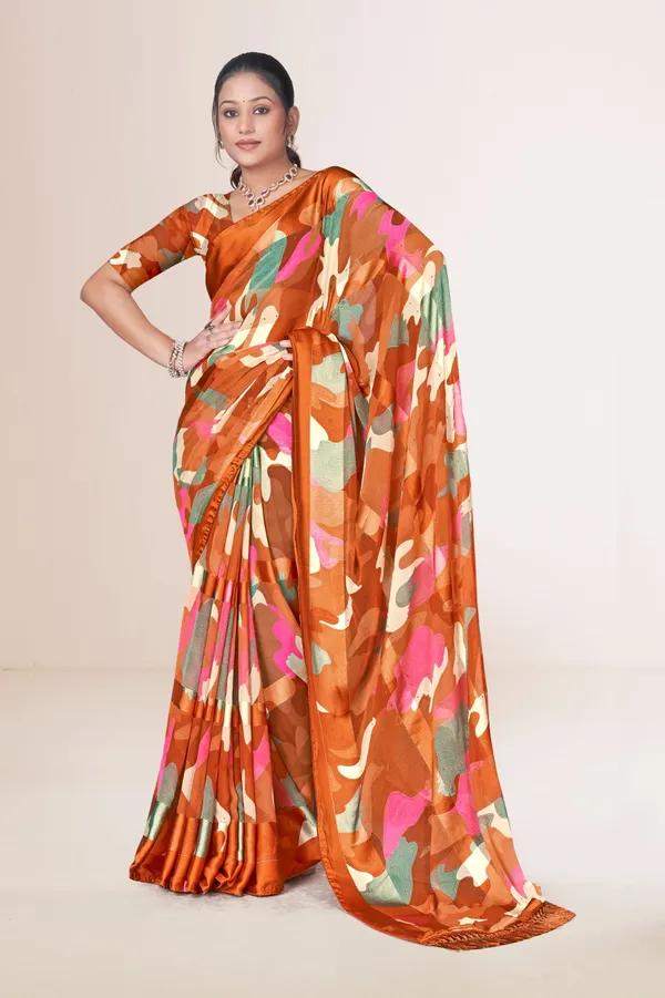Orange_Camouflage_Print_Silk_Saree_With_Matching_Blouse