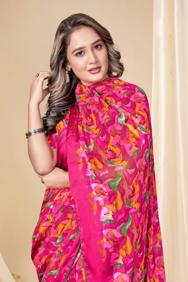Vibrant_Pink_Multicolor_Printed_Saree_With_Matching_Blouse