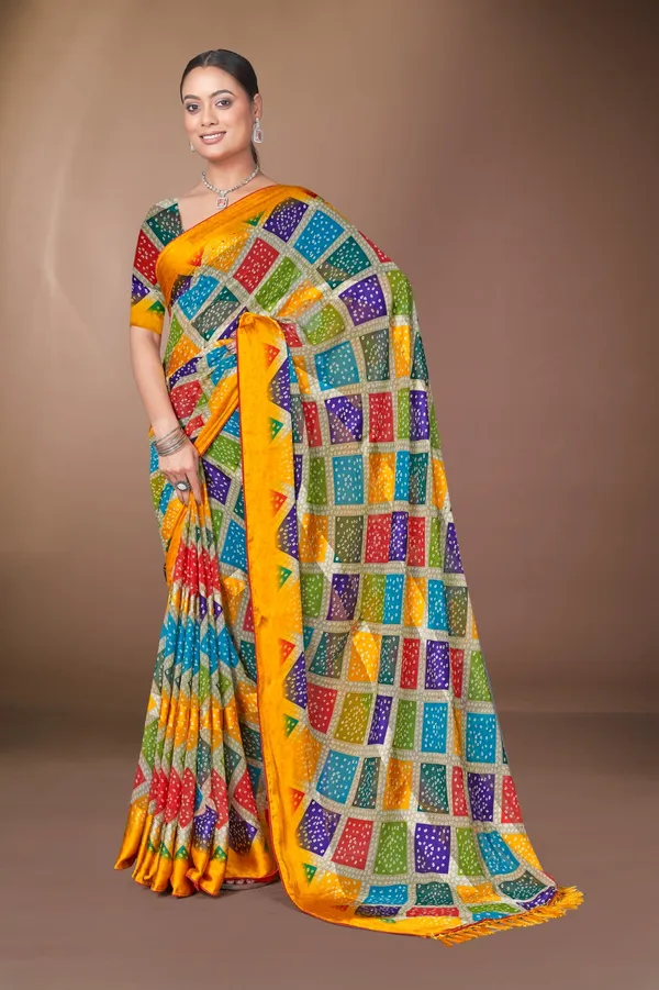 Multicolor_Checkered_Bandhani_Silk_Saree_With_Yellow_Border