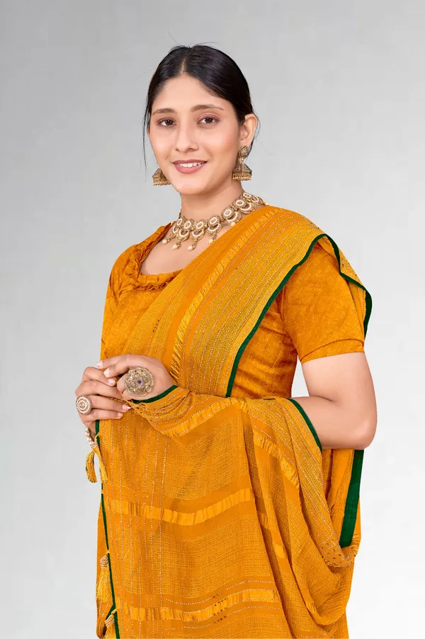 Golden_Yellow_Saree_With_Green_Border_And_Tassels_-_Traditional_Ethnic_Wear
